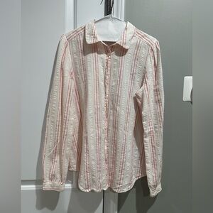Used M LOFT Ivory and Crimson Striped long sleeved Blouse  100% cotton
